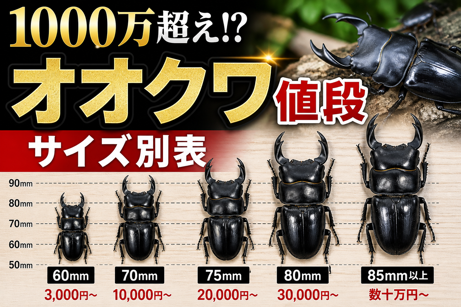 オオクワガタの値段はいくら?70mm・75mm・80mmサイズ別の価格相場と天然サイズの目安も解説
